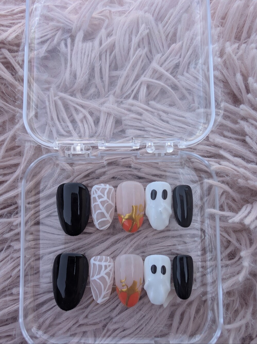 Halloween Press-On Nail Set – Black, White Ghost Pumpkin Designs